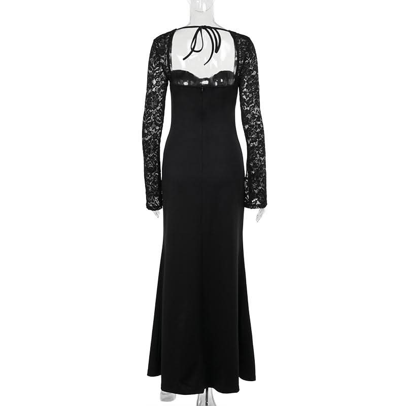 Sweetheart neck long sleeve self tie slit maxi dress  | Festival Outfits Women