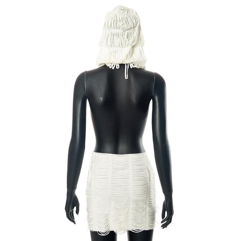 Textured solid hoodie cowl neck sleeveless backless tassels mini dress-final-sale