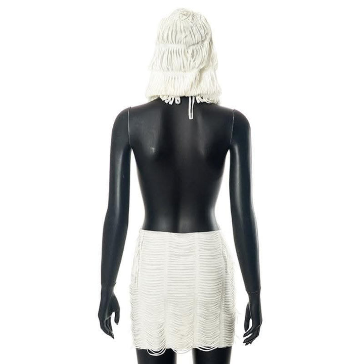 Textured solid hoodie cowl neck sleeveless backless tassels mini dress-final-sale