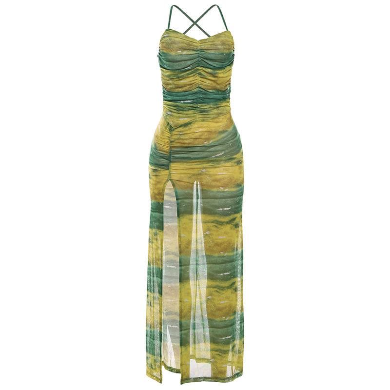 Sheer mesh contrast high slit ruched knotted cami maxi dress  | Festival Outfits Women