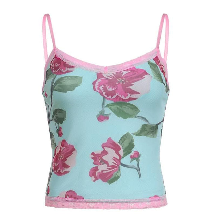 Lace hem flower print v neck contrast mesh top-final-sale  | Festival Outfits Women