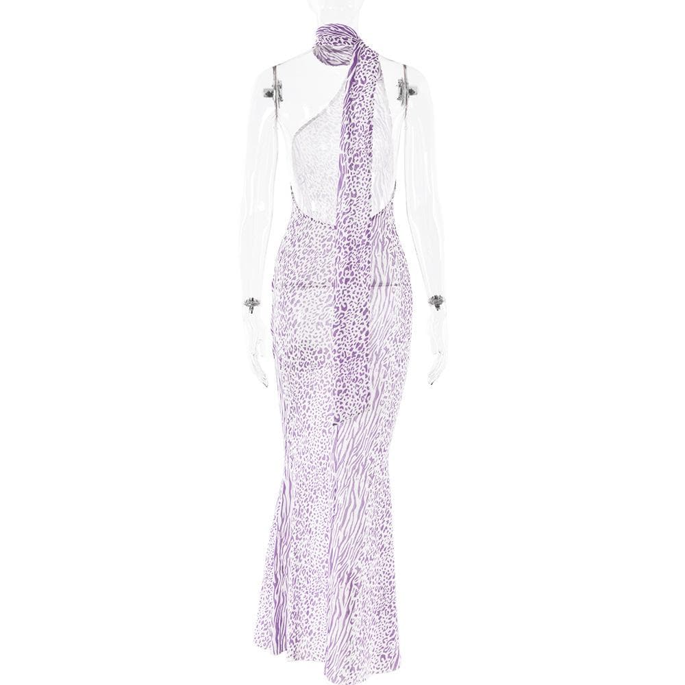 Halter one shoulder leopard print sheer mesh maxi dress  | Festival Outfits Women