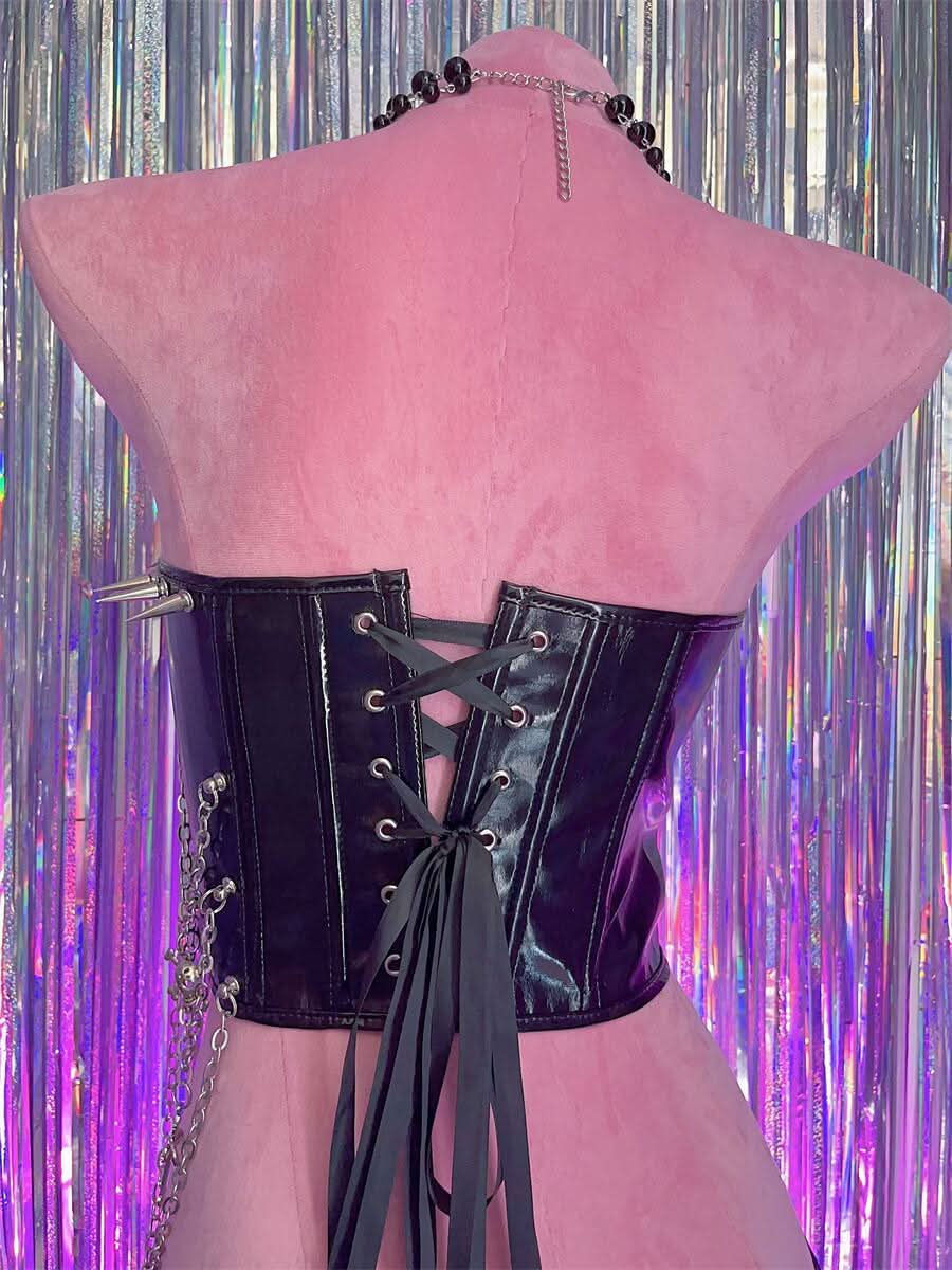 Zip-up metal chain cross applique PU leather lace up top  | Festival Outfits Women