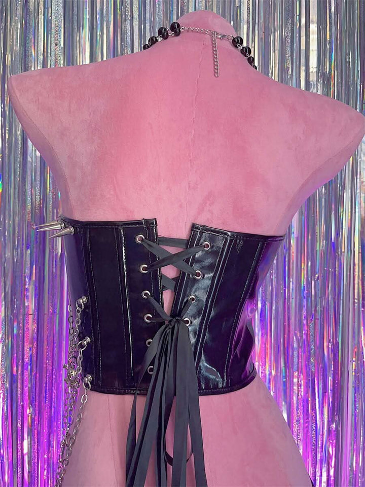 Zip-up metal chain cross applique PU leather lace up top  | Festival Outfits Women