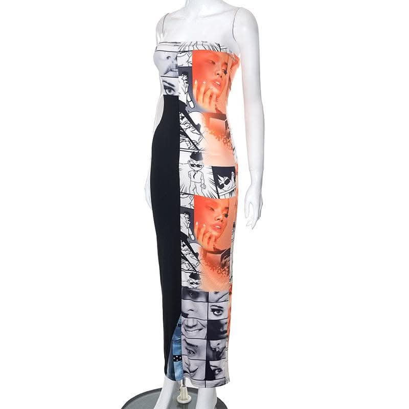 Abstract print contrast patchwork backless slit tube maxi dress-final-sale  | Festival Outfits Women
