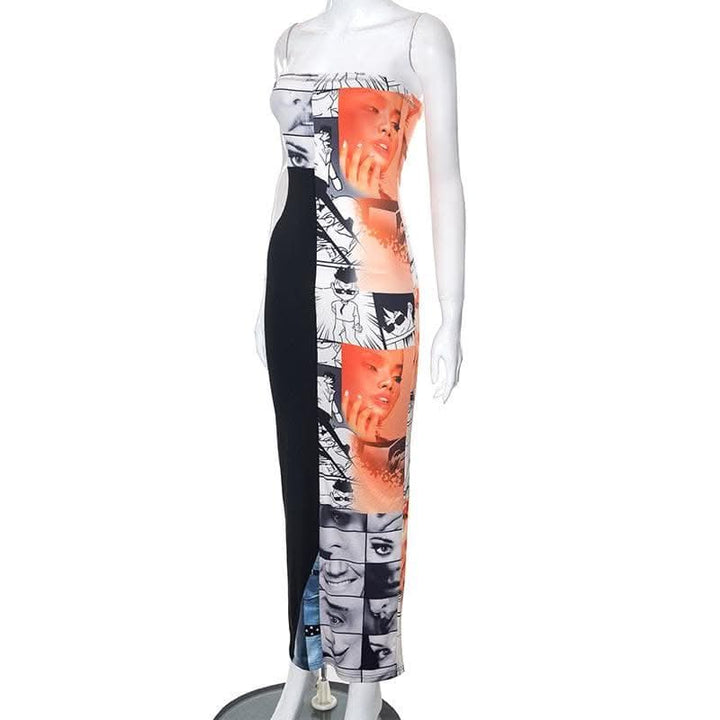 Abstract print contrast patchwork backless slit tube maxi dress-final-sale  | Festival Outfits Women