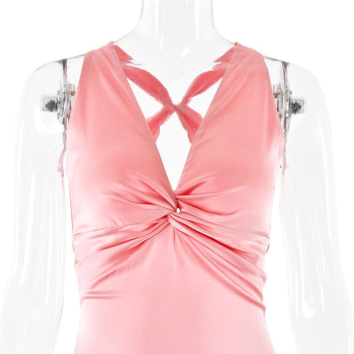 Ruched bowknot v neck satin cross back maxi dress  | Festival Outfits Women