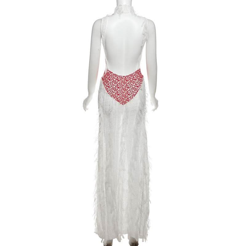 High neck patchwork tassels backless maxi dress  | Festival Outfits Women
