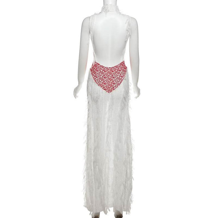 High neck patchwork tassels backless maxi dress  | Festival Outfits Women