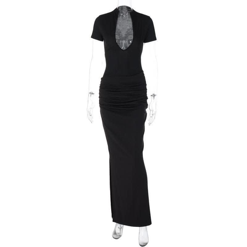 Short sleeve v neck ruched low cut slit solid maxi dress-final-sale  | Festival Outfits Women