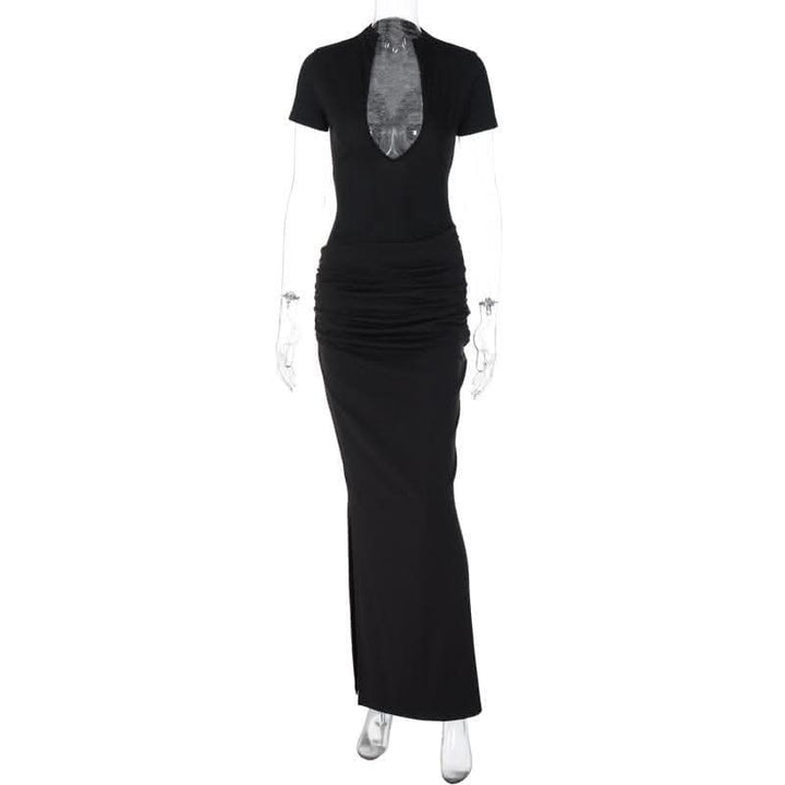 Short sleeve v neck ruched low cut slit solid maxi dress-final-sale  | Festival Outfits Women