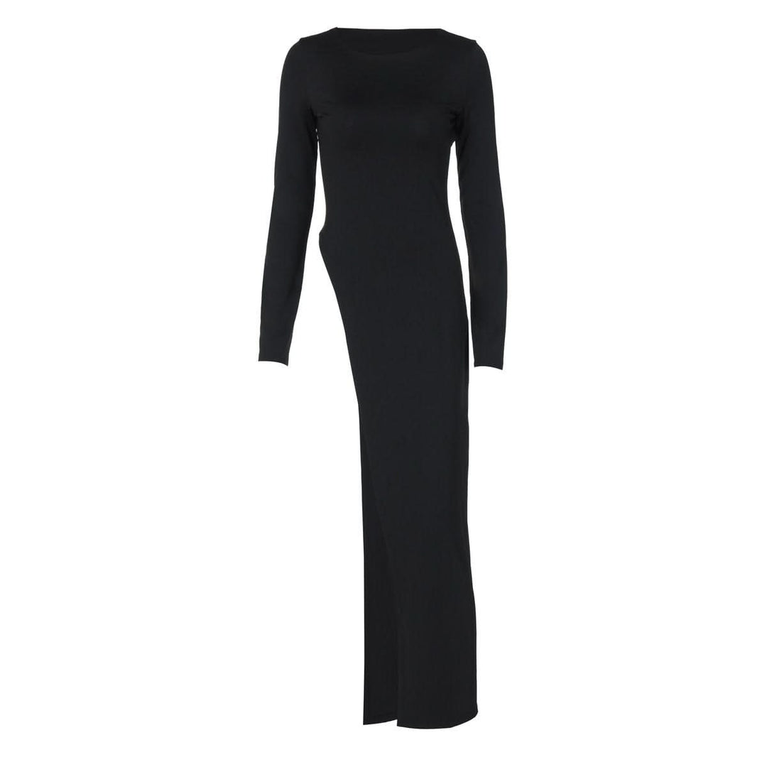 Long sleeve round neck slit solid maxi dress  | Festival Outfits Women