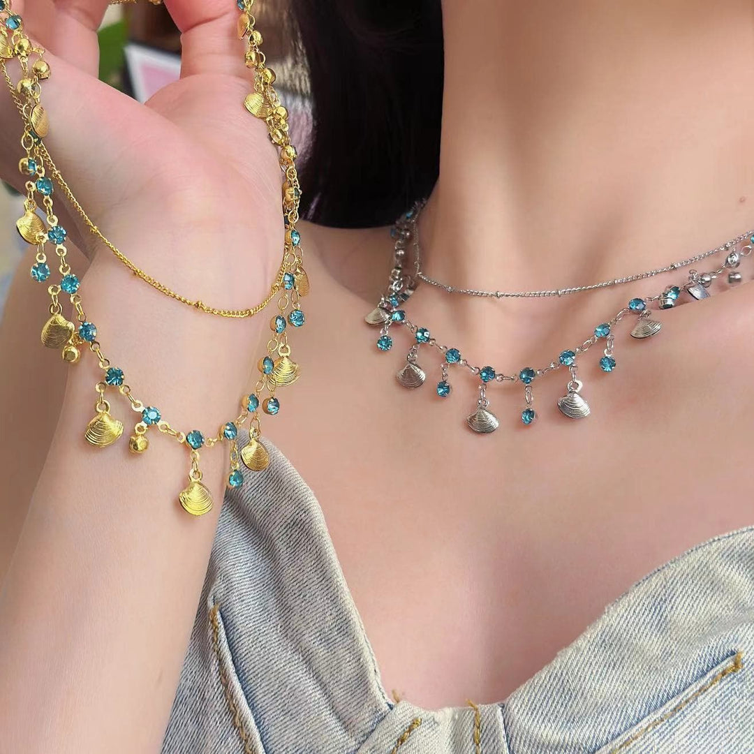 Shell pendant rhinestone layered choker necklace  | Festival Outfits Women
