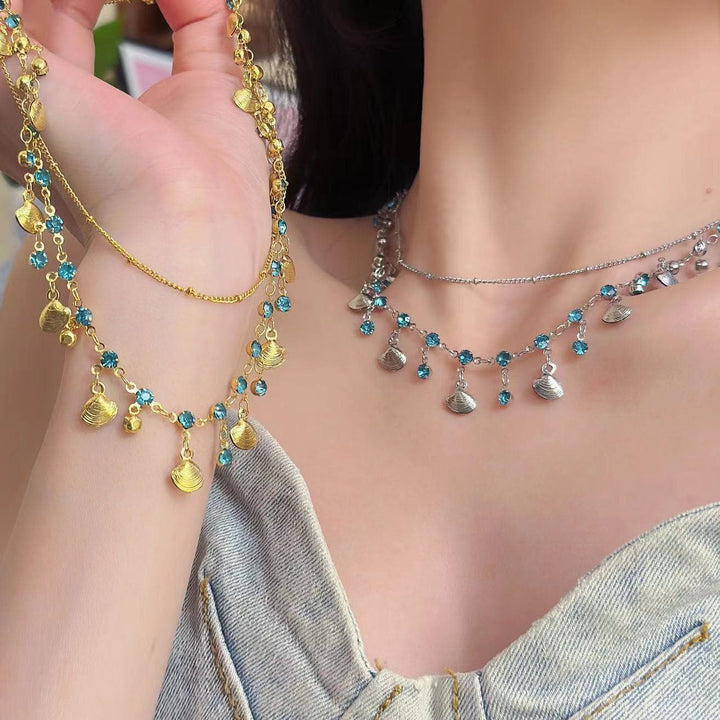 Shell pendant rhinestone layered choker necklace  | Festival Outfits Women