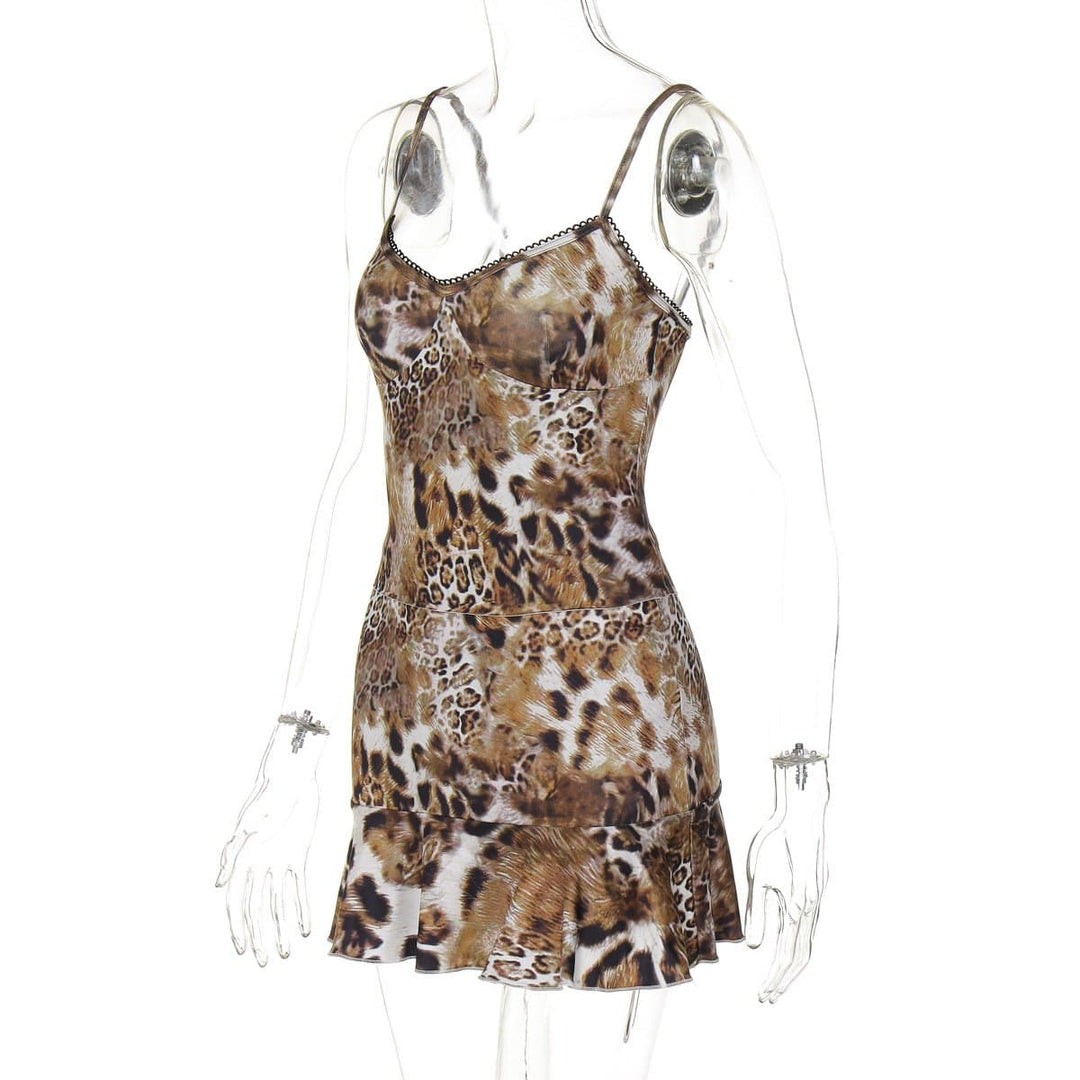 Leopard print v neck lace hem ruffle cami skirt set  | Festival Outfits Women