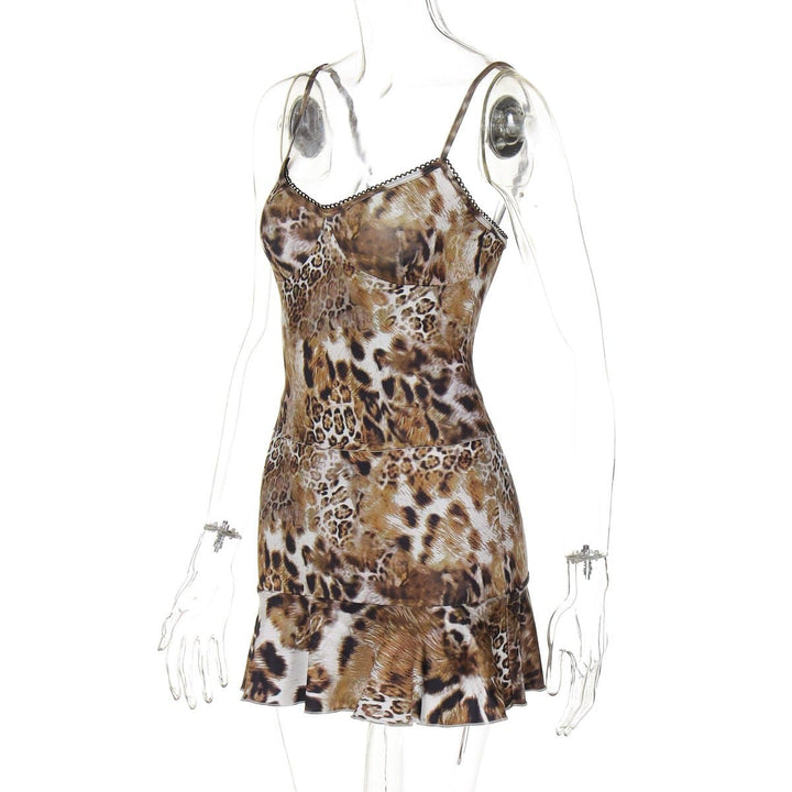 Leopard print v neck lace hem ruffle cami skirt set  | Festival Outfits Women