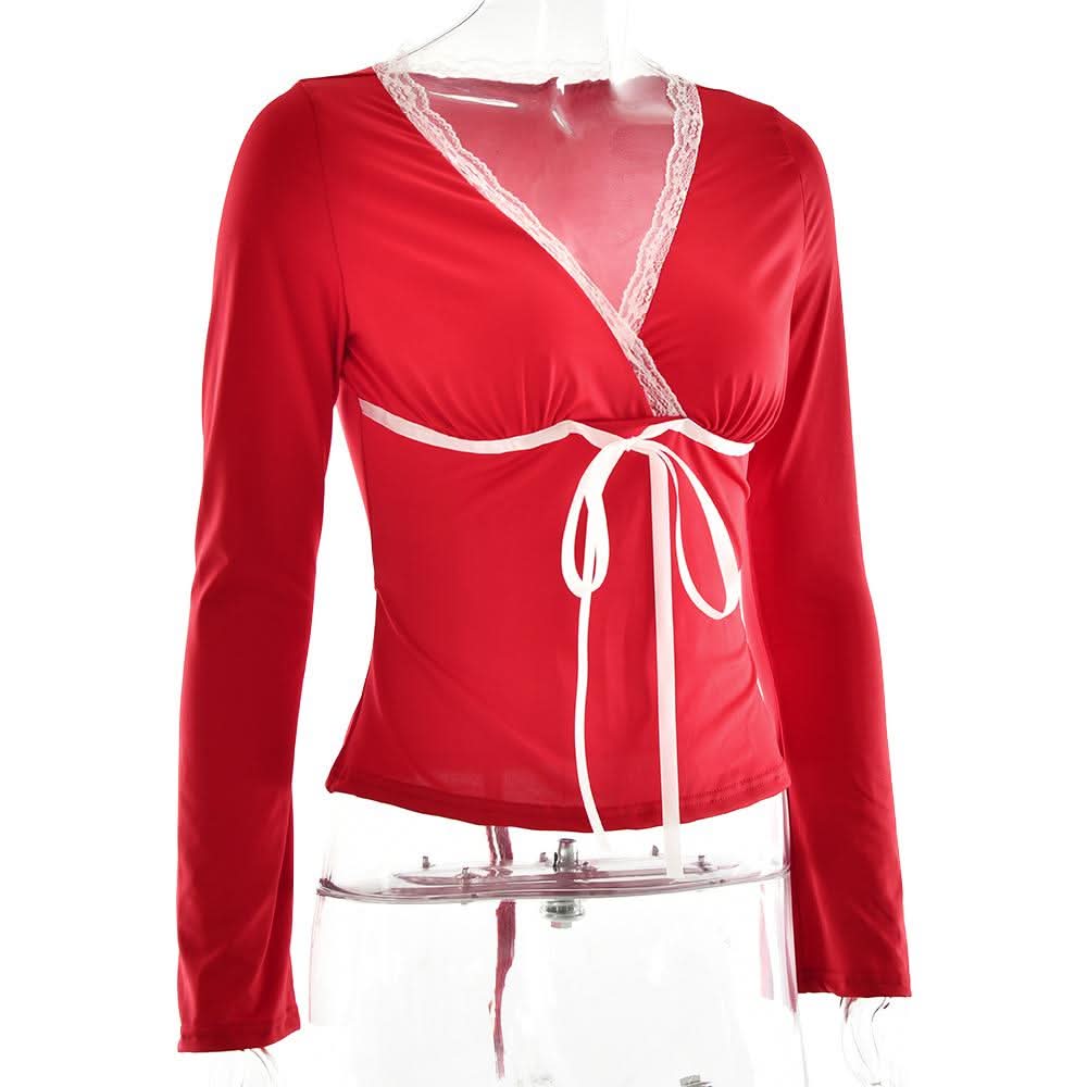 Lace hem long sleeve v neck ribbon ruched top  | Festival Outfits Women