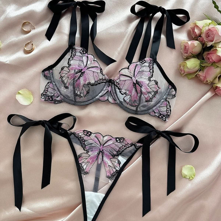 Sweetheart neck butterfly embroidery lingerie set  | Festival Outfits Women