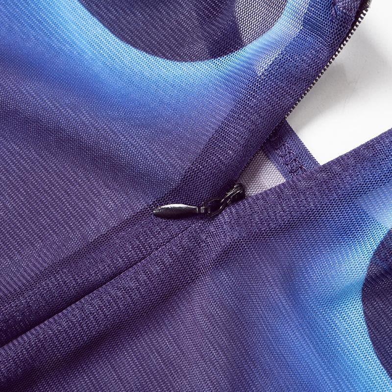 Long sleeve crewneck body print zip-up sheer mesh jumpsuit  | Festival Outfits Women