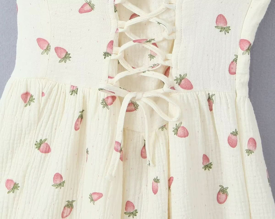 Square neck strawberry print lace up cami mini dress  | Festival Outfits Women
