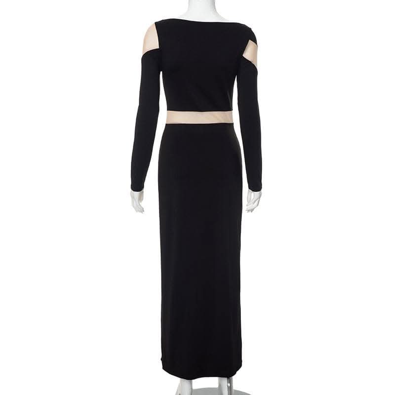 Mesh patchwork contrast irregular long sleeve maxi dress-final-sale  | Festival Outfits Women