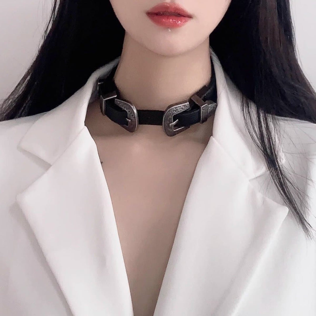PU leather buckle adjustable choker necklace  | Festival Outfits Women