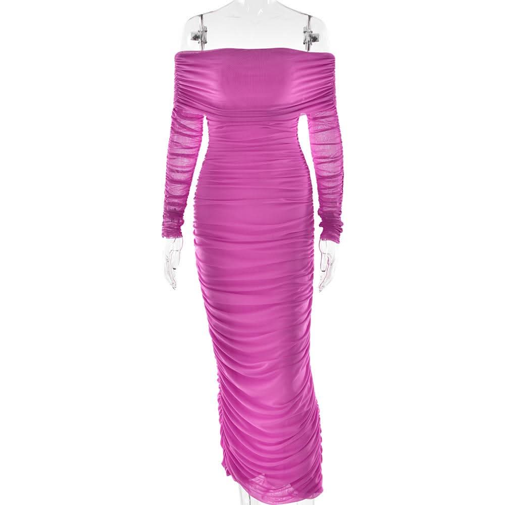 Off shoulder long sleeve slit mesh ruched maxi dress  | Festival Outfits Women