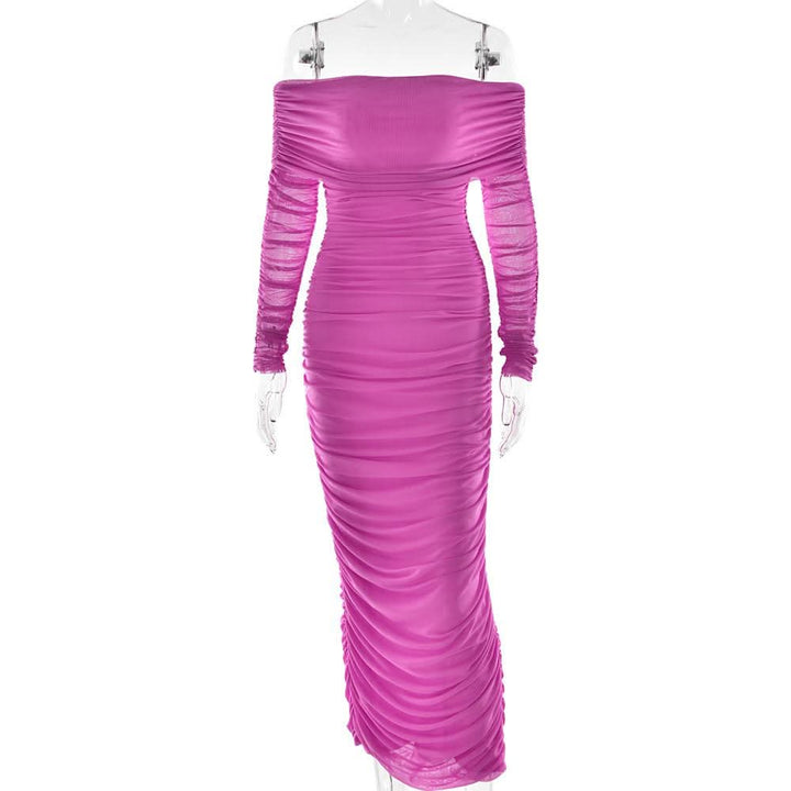 Off shoulder long sleeve slit mesh ruched maxi dress  | Festival Outfits Women