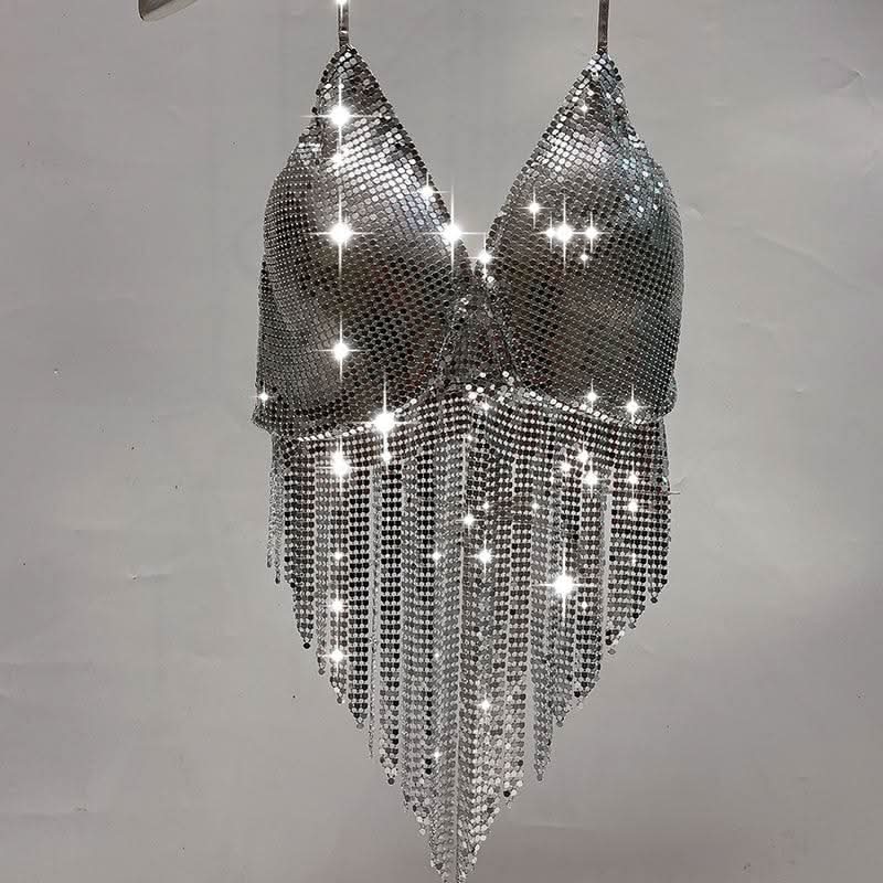 V neck halter self tie tassels glitter top  | Festival Outfits Women