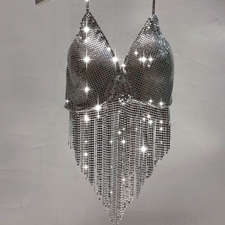 V neck halter self tie tassels glitter top  | Festival Outfits Women