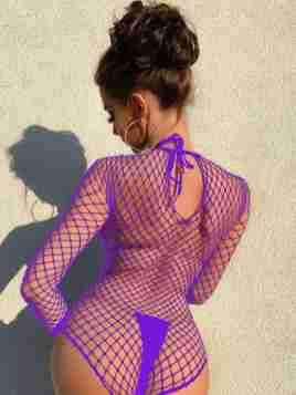 Long sleeve fishnet patchwork lace crewneck bodysuit  | Festival Outfits Women