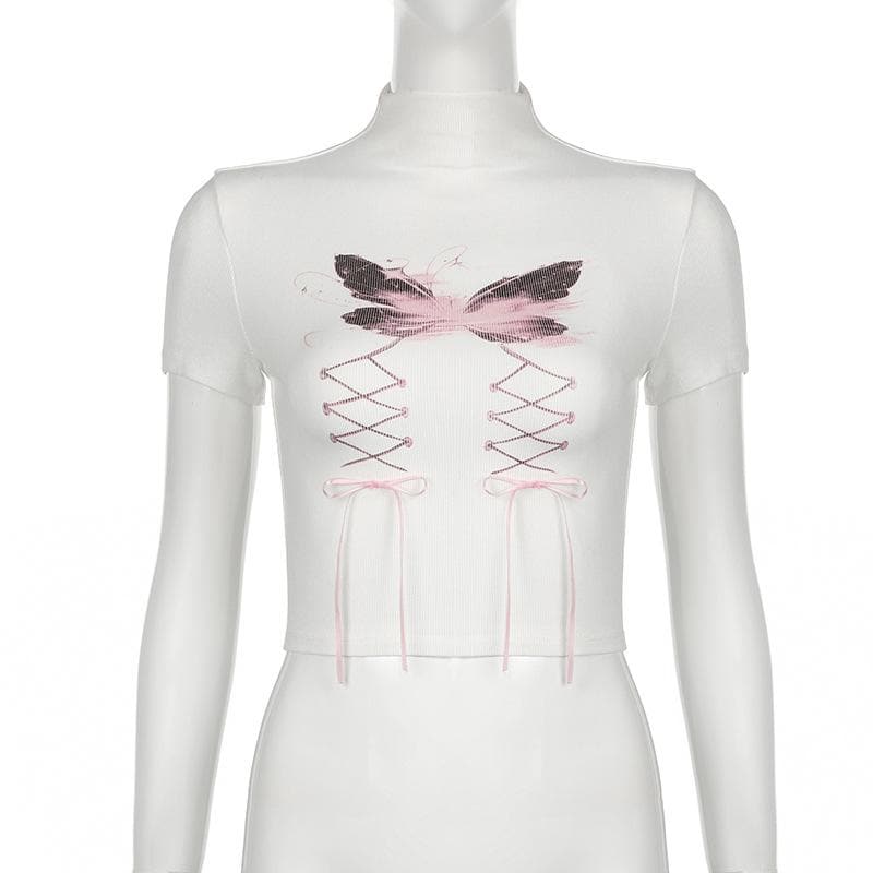 Short sleeve high neck butterfly print bowknot crop top  | Festival Outfits Women