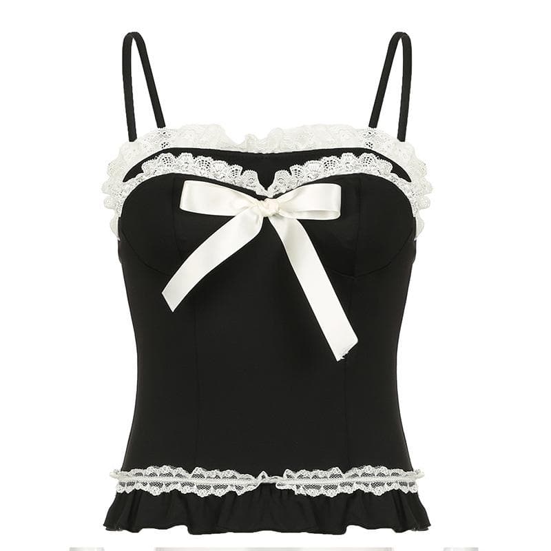 Kaya mai kama da lace hem ruffle bowknot contrast cami top | Kayan Biki na Mata