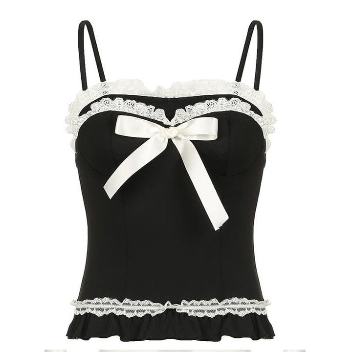 Kaya mai kama da lace hem ruffle bowknot contrast cami top | Kayan Biki na Mata