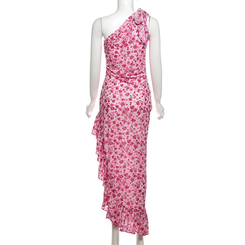 One shoulder knotted slit flower print ruffle maxi dress  | Festival Outfits Women