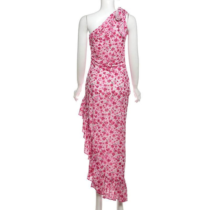 One shoulder knotted slit flower print ruffle maxi dress  | Festival Outfits Women