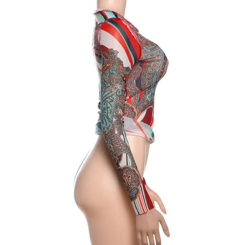 Long sleeve crewneck mesh abstract print top  | Festival Outfits Women