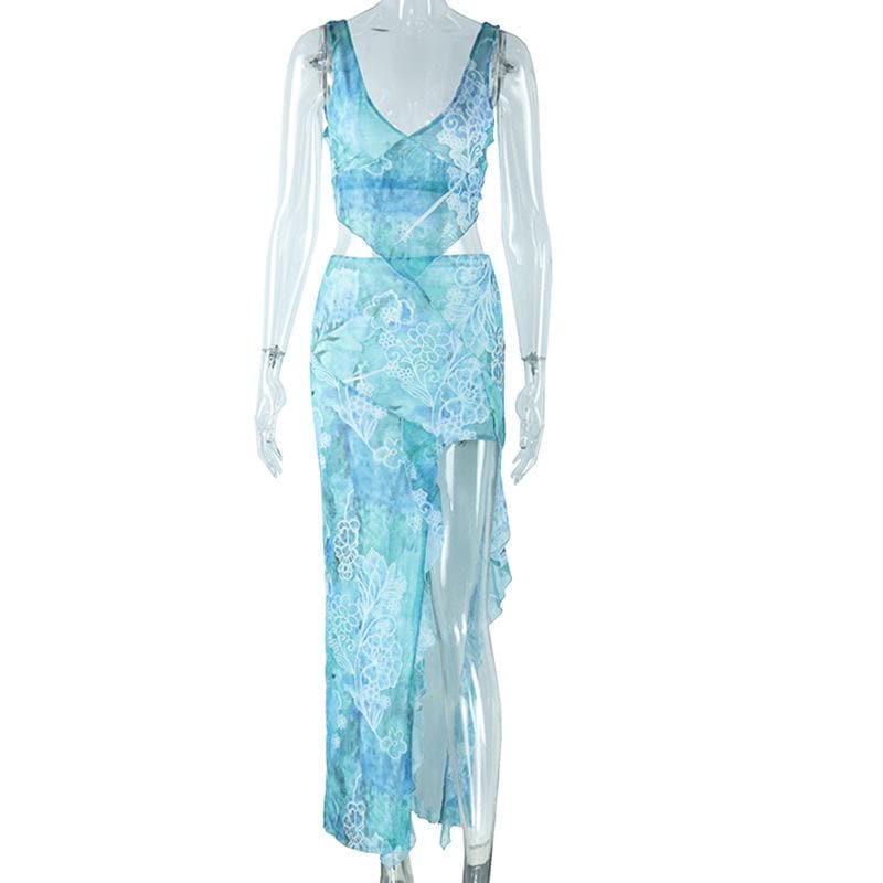 V neck slit knotted cami maxi skirt set  | Festival Outfits Women