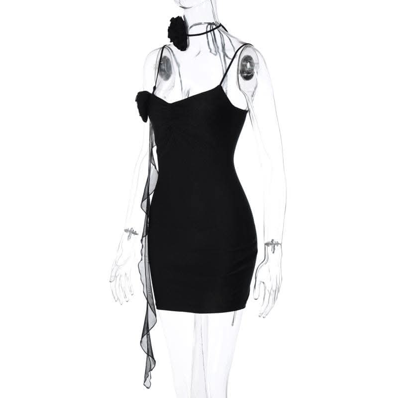 Flower applique solid backless v neck ribbon cami mini dress-final-sale  | Festival Outfits Women
