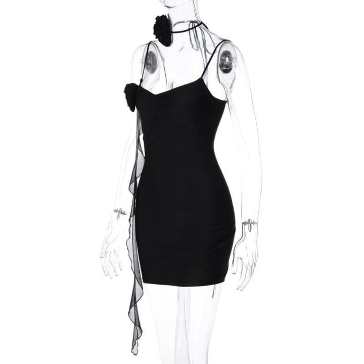 Flower applique solid backless v neck ribbon cami mini dress-final-sale  | Festival Outfits Women