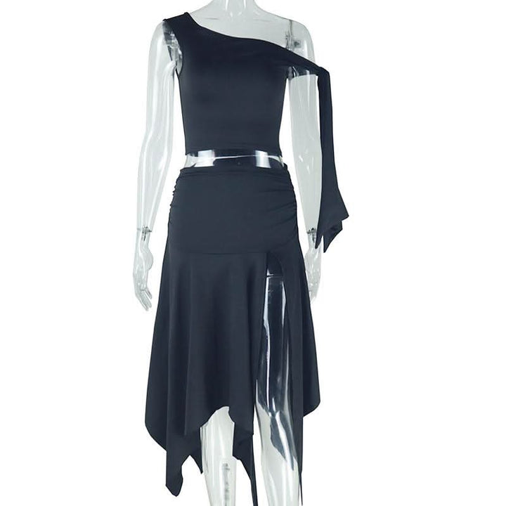 One shoulder knitted ruched slit midi skirt set  | Festival Outfits Women