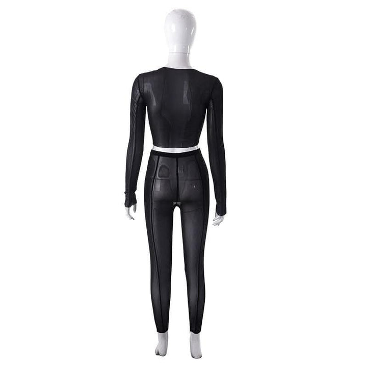 Sheer mesh see through long sleeve solid crewneck pant set-final-sale  | Festival Outfits Women