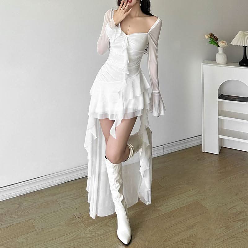 Long flared sleeve irregular mesh ruched mini dress  | Festival Outfits Women