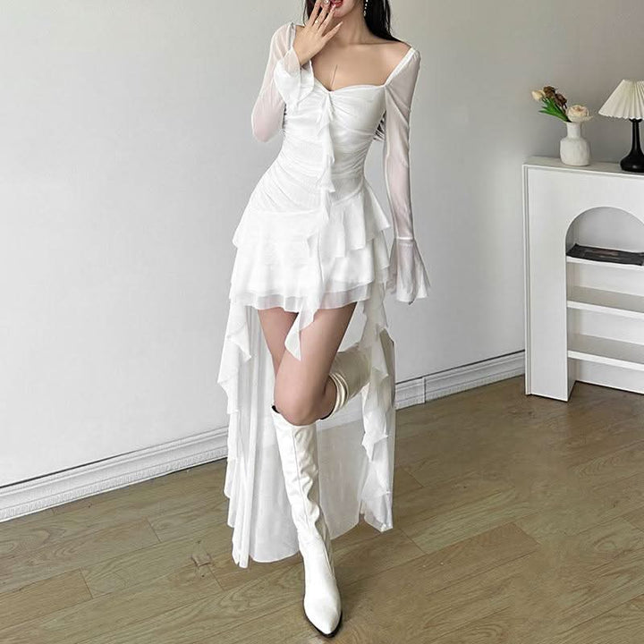 Long flared sleeve irregular mesh ruched mini dress  | Festival Outfits Women