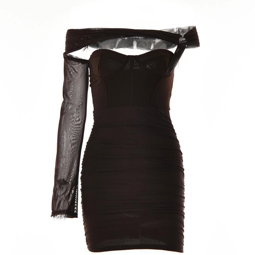 Solid one shoulder o ring hollow out mesh backless cut out mini dress-final-sale  | Festival Outfits Women