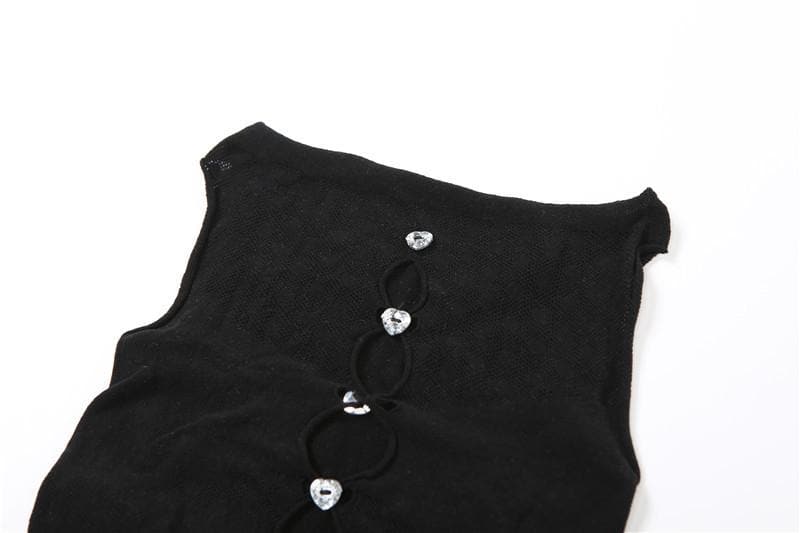 Fishnet button sleeveless solid hollow out jumpsuit-final-sale