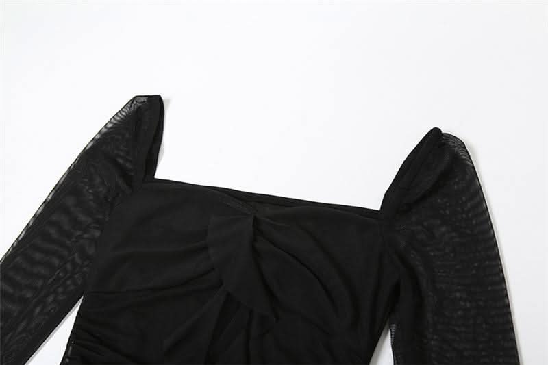 Long flared sleeve irregular mesh ruched mini dress  | Festival Outfits Women