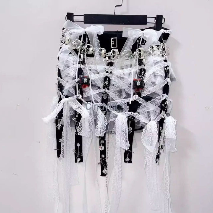 Lace hem v neck bowknot self tie skull applique top  | Festival Outfits Women