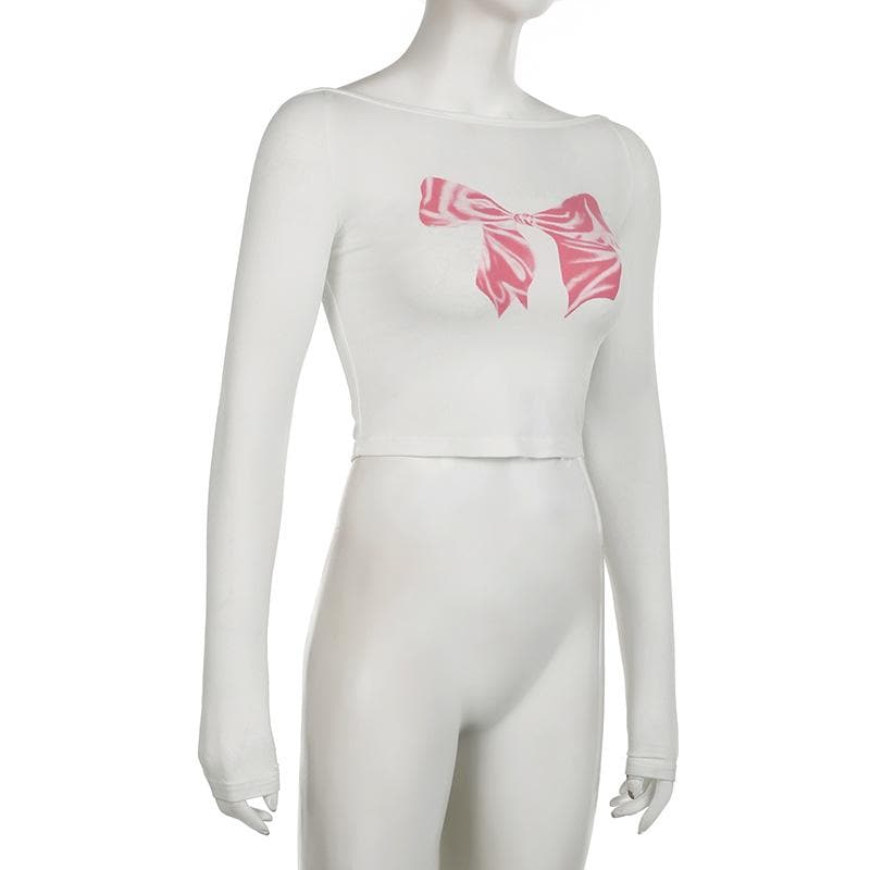 Long sleeve bowknot pattern contrast crop top  | Festival Outfits Women