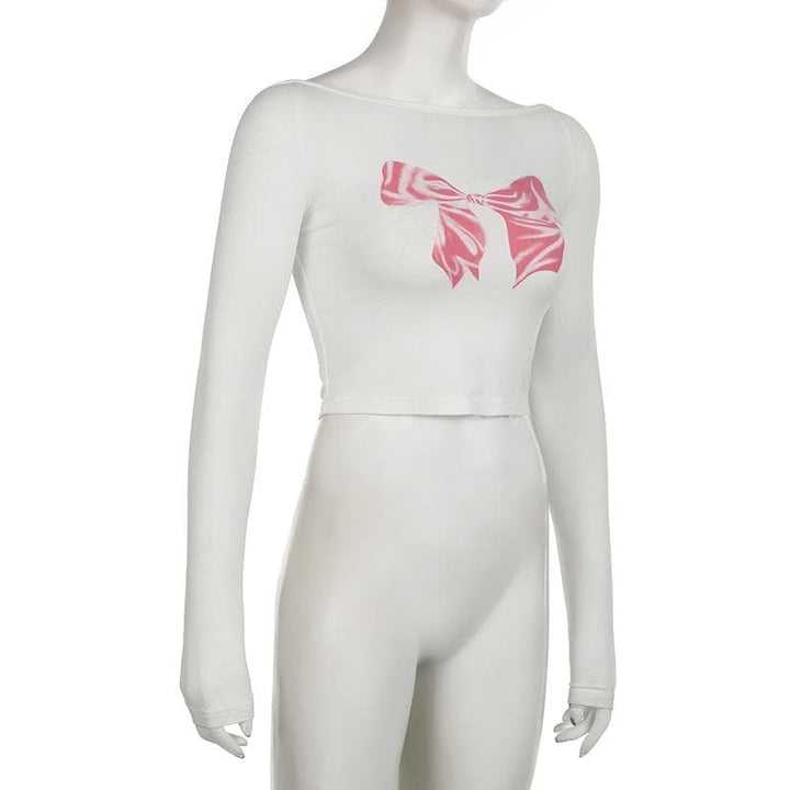 Long sleeve bowknot pattern contrast crop top  | Festival Outfits Women